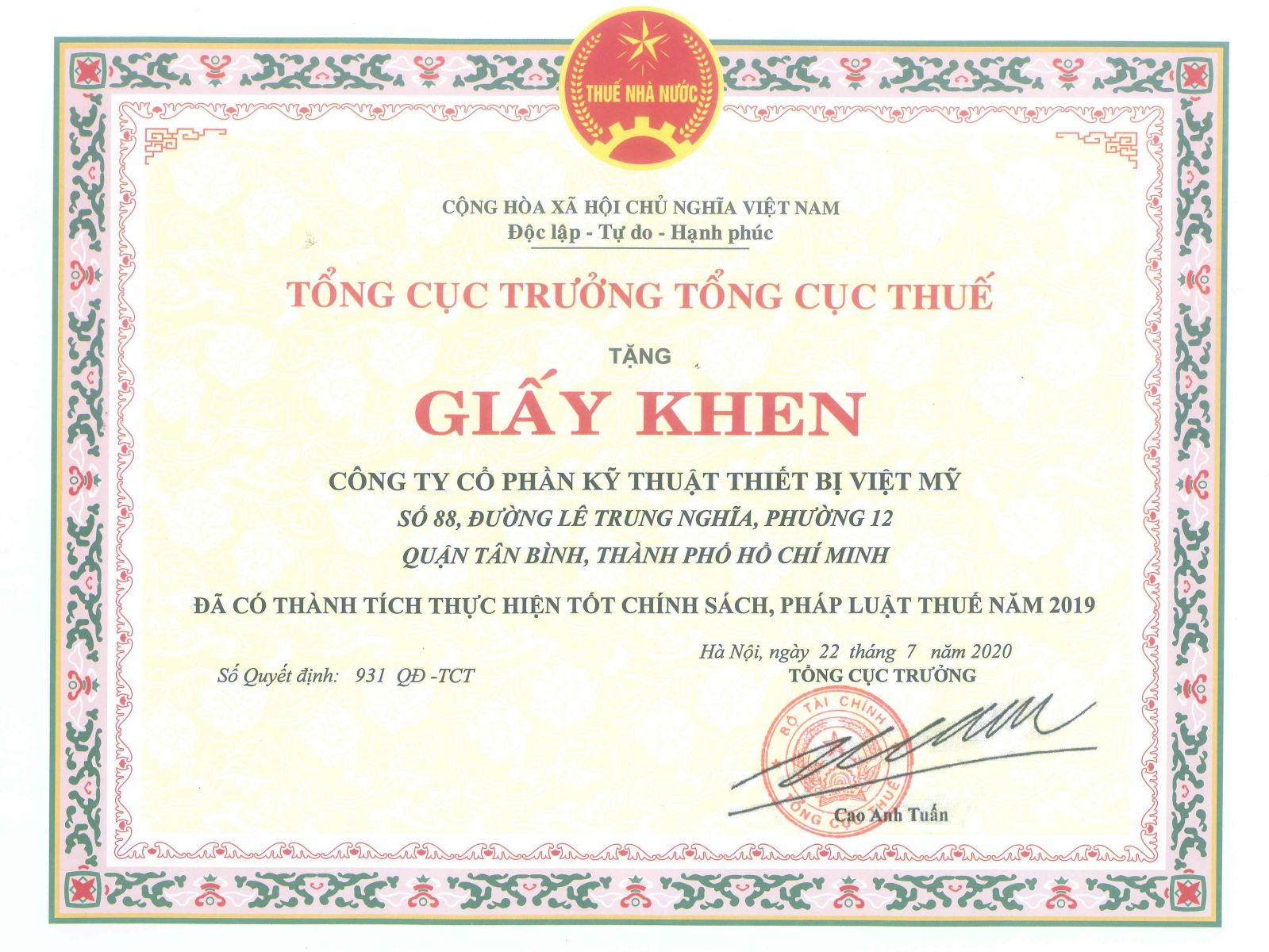 TỔNG CỤC TRƯỞNG TỔNG CỤC THUẾ 2019