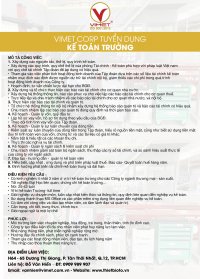 Tuyển dụng KẾ TOÁN TRƯỞNG FULL TIME