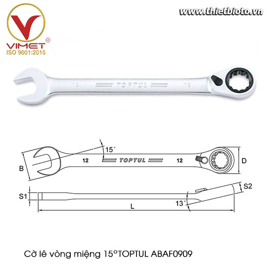 Cờ lê vòng miệng tự động 15° TOPTUL ABAF0909