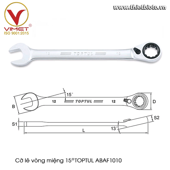 Cờ lê vòng miệng tự động 15° TOPTUL ABAF1010