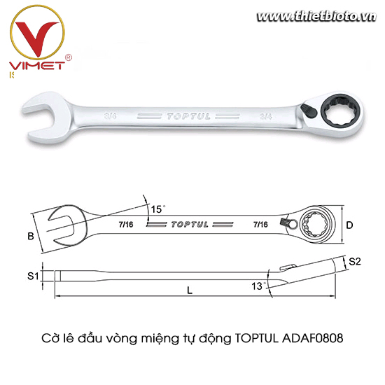 Cờ lê vòng miệng tự động 15° TOPTUL ADAF0808